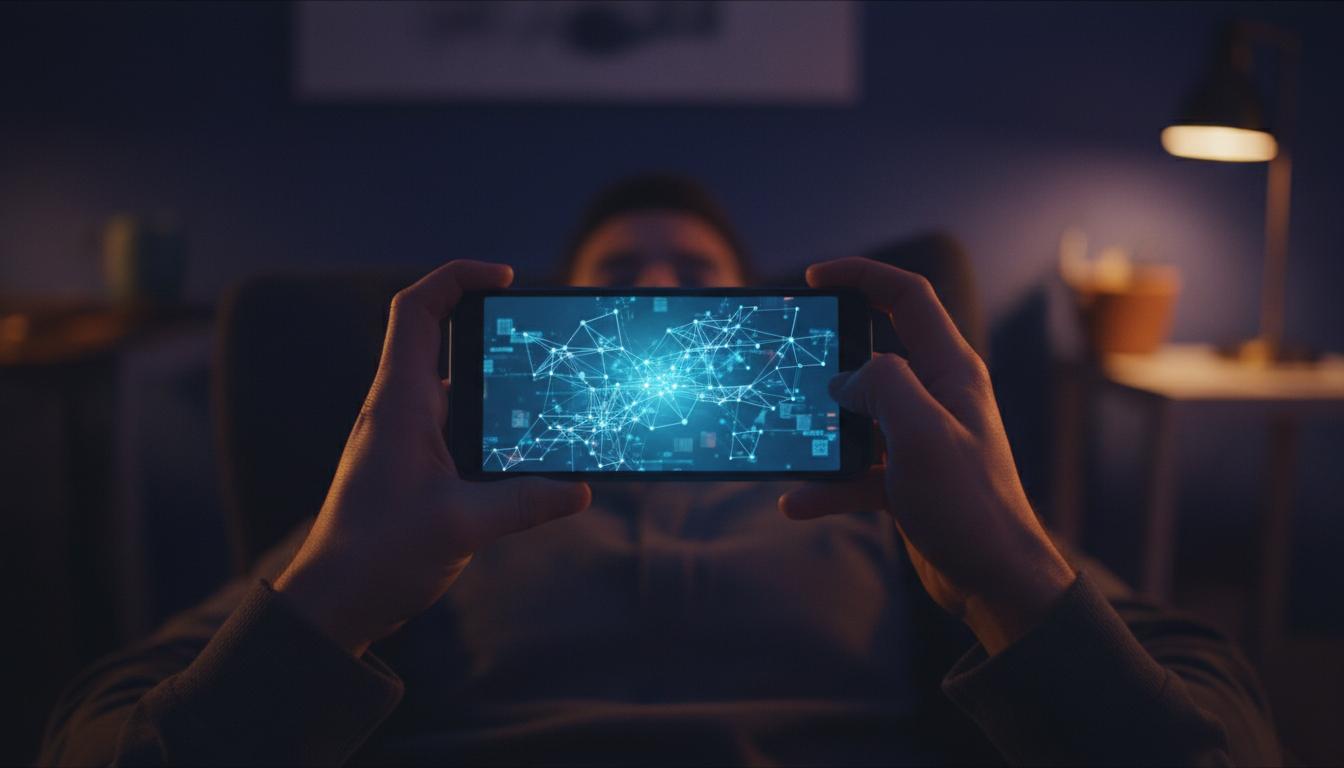 Hands holding a smartphone with data visualization